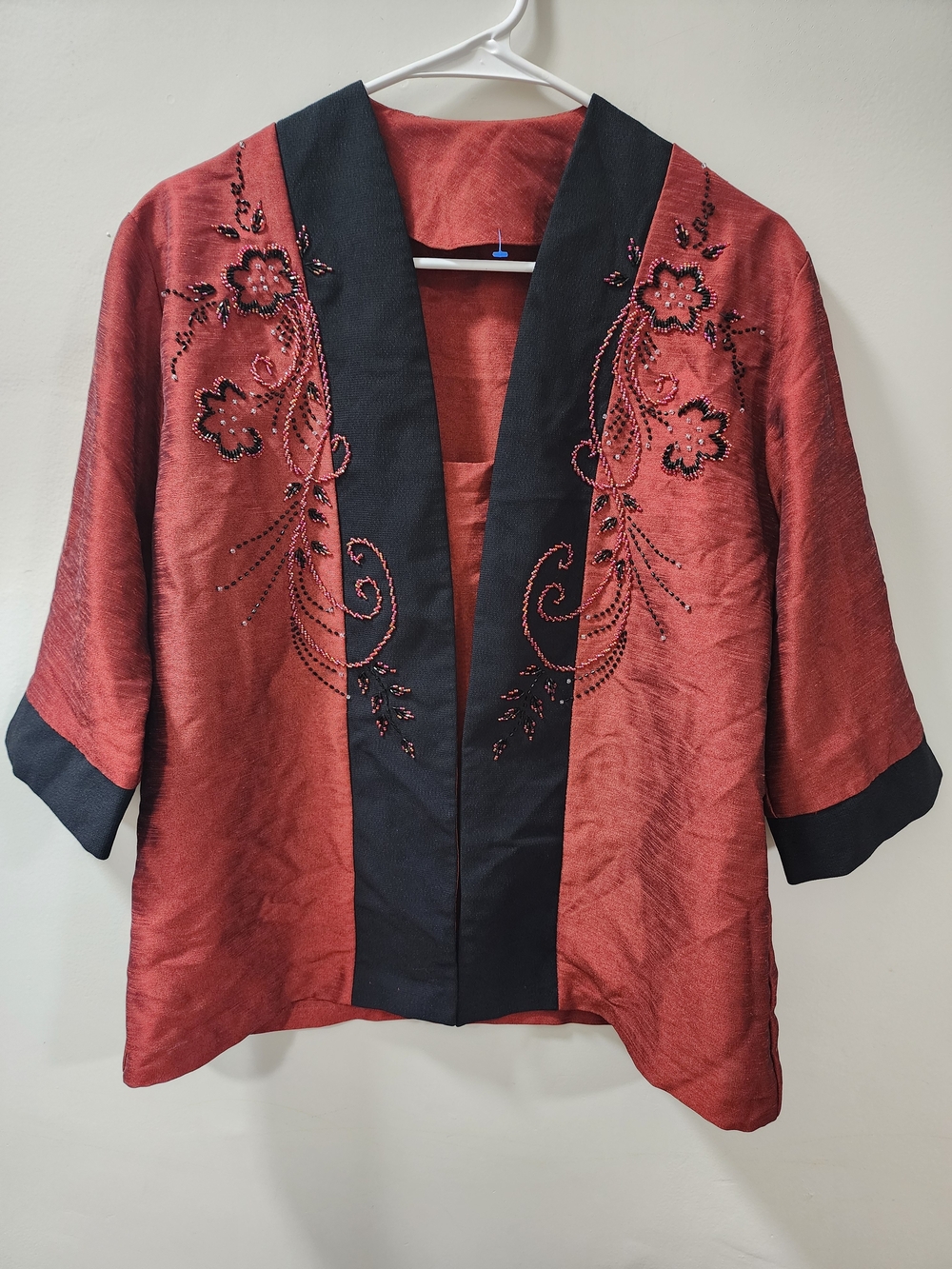 Vintage Beaded Silk Blend Open Front Jacket Cardigan Rust Orange Black M